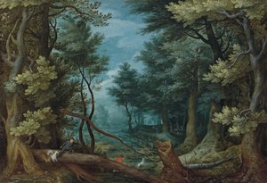 Metsämaisema, jossa metsästäjät jahtaavat hirveä. tekijältä Jan Brueghel the Elder
