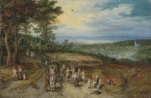 Laaja metsäinen maisema, jonka etualalla kulkijat kulkevat tiellä ja talonpojat tanssivat / Landscape with Travellers and Peasants on a Track (Maisema, jossa kulkijoita ja talonpoikia kulkee tiellä) tekijältä Jan Brueghel the Elder