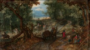 Metsä, jossa kärryt ylittävät puroa ja ratsastajia tekijältä Jan Brueghel the Elder