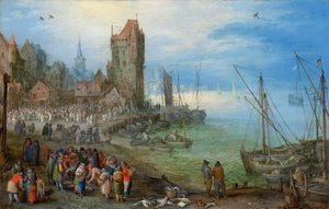 Satama ja kalamarkkinat tekijältä Jan Brueghel the Elder