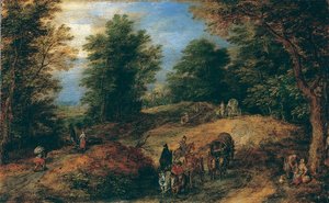 Maisema matkustajien kanssa metsäpolulla, n. 1607. tekijältä Jan Brueghel the Elder