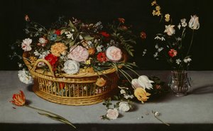 "Asetelma korin ja kukkamaljakon kanssa", c1620. tekijältä Jan Brueghel the Younger