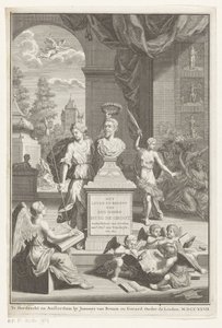 Victorian ylistämä Hugo de Grootin rintakuva Herra Huig de Grootin elämä ja liiketoiminta (otsikko esineessä) Otsikko: Caspar Brandt ja Adriaan van Cattenburg, Huig de Grootin elämänhistoria, 1727