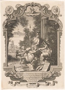 Kartussi, jossa on allegoria Kreikan historiasta Nimisivu: Kornelis Westerbaen, Algemeene histori, 1742