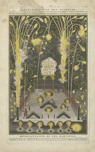 Anthoni de Grootin tilauksesta ilotulitus syntyi 15. lokakuuta 1745, Maria Theresan nimipäivänä Ilotulitteiden kuvaus, Anthoni de Groot, Courantier van The Haag, XV lokakuu MDCCXLV Haaren nimipäivän ensimmäisenä tapahtumana