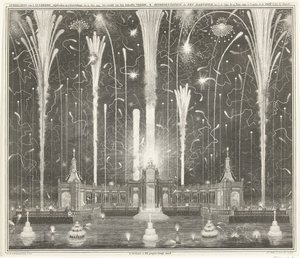 Ilotulitus Haagissa Aachenin rauhan puolesta, 1749 Kuvaus ilotulituksesta, ammuttu Haagissa 13. kesäkuuta 1749, käyttänyt den Aakensche Vreede / Representation du feu d
