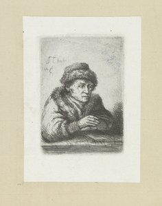 Volwassen man aan een tafel, bontmantelissa John Chalonin etsausten täydellinen työ / Oeuvre Complette des Eaux Fortes par Jean Chalon (sarjan nimi)