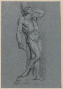 Mies alasti, seisoo puuhun nojautuen