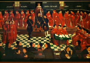 Burgundin parlamentin juhlallinen avajaisistunto Mechelenissä (maalaus tammipuulle). tekijältä Jan Coessaet