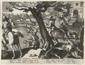 Hertenjacht met honden Jachttaferelen (sarjan nimi) Villiriistan, lintujen ja kalojen metsästys Bestiaryssa (sarjan nimi) tekijältä Jan Collaert (II) (attributed to)