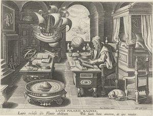 Kompassin keksintö Lapis Polaris, Magnes (otsikko esineessä) Uusia keksintöjä ja löytöjä (sarjan nimi) Nova Reperta (sarjan nimi) tekijältä Jan Collaert (II) (attributed to)