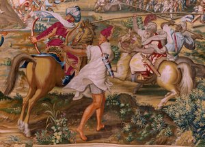 Flanderin kuvakudos. Sarja Tunisin valloitus. Hyökkäys La Goletaan (Ataque a la Goleta). Sarjan neljäs kuvakudos. Malli Jan Vermeyen ja Pieter Coecke van Aelst. 1543-1548. Valmistus Real Fábrica de Tapices de Santa Bárbara, Madrid