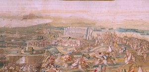 Flanderin kuvakudos. Sarja Tunisin valloitus. Hyökkäys La Goletaan (Ataque a la Goleta). Sarjan neljäs kuvakudos. Malli Jan Vermeyen ja Pieter Coecke van Aelst. 1543-1548. Valmistus Real Fábrica de Tapices de Santa Bárbara, Madrid tekijältä Jan Cornelisz Vermeyen