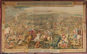 Flanderin kuvakudos. Sarja Tunisin valloitus. Hyökkäys La Goletaan (Ataque a la Goleta). Sarjan neljäs kuvakudos. Malli Jan Vermeyen ja Pieter Coecke van Aelst. 1543-1548. Valmistus Real Fábrica de Tapices de Santa Bárbara, Madrid