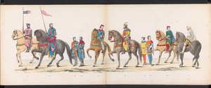 Leidenin opiskelijoiden naamiaiset, 1865 (levy 12) Leidenin opiskelijakunnan jäsenten pukukulkue 6. kesäkuuta 1865 Leidsche Hoogeschoolin 290-vuotisjuhlan kunniaksi, kuvassa: hollantilaisten b.
