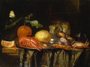 Rapu, katkaravut ja sitruuna tinalautasella päällystetyllä pöydällä (öljy kankaalle) tekijältä Jan Davidsz de (after) Heem