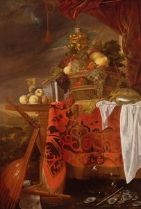 Kori sekahedelmiä kullatulla kupilla, hopeamaljalla, Nautiluksella, lasilla ja persikoilla lautasella tekijältä Jan Davidsz de Heem