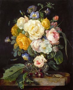 Barokki: Asetelma pionien, kirsikoiden ja taskukellon kanssa - Asetelma pioneilla, kirsikoilla ja taskukello, kirjoittanut Heem, Jan Davidsz. / (1606-1684)