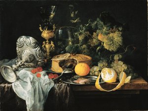 Saksa: Upea asetelma, jossa on hedelmiä, piirakkaa ja pikareita Upea asetelma, jossa on hedelmiä, piirakkaa ja pikareita, 1651