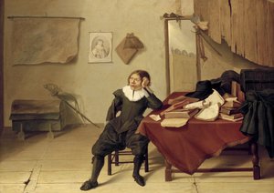 Huoneen sisustus, jossa mies istuu pöydän ääressä, 1600-luku tekijältä Jan Davidsz de Heem