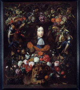 Muotokuva William III:sta Oranssista (1650-1702) kukkamedaljonissa Jan David Heemin (1606-1684) maalaus 1665 Su. 1,34x1,14 m Lyon, Musee des Beaux Arts tekijältä Jan Davidsz de Heem