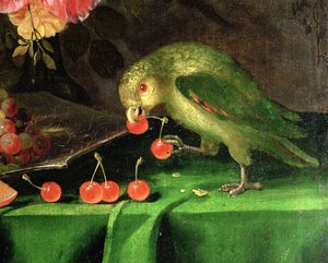Still Life of Fruit and Flowers, yksityiskohta Papukaija öljy kankaalle yksityiskohta 100411:stä