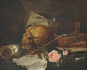 Tyyni elämä kallon kanssa, noin 1650 (öljy kankaalle).