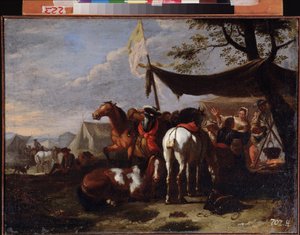 ""Group of Horsemen at Camp"" (A ratsuväen leiri) maalaus Jan Frans van Bloemen (1662-1749) 17th Century Kaukoidän taidemuseo, Habarovsk Venäjä tekijältä Jan Frans van Bloemen