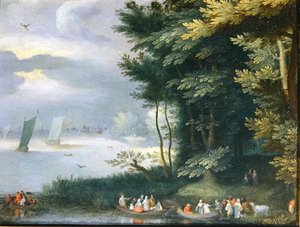 Järven ranta, jossa hahmot nousevat soutuveneisiin (öljy kankaalle) tekijältä Jan Frans van Bredael