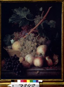 ""Hedelmät"" Persikoiden, rypäleiden, päärynöiden ja granaattiomenoiden asetelma perhosten ja ampiaisen kanssa. Jean Francois van Daelin (1764-1840) maalaus 1808 Pushkin-museo, Moskova
