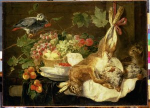 Asetelma jänisen, hedelmän ja papukaijan kanssa, 1647