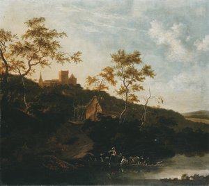 Jokimaisema, jossa herrasmies hevosen selässä ja talonpojat lautalla, taverna linnan alla tekijältä Jan Gabrielsz. Sonje