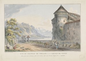Näkymä Chillon kasteelin linnalle Vue du Chateau de Chillon à 2 lieues de Vevey (otsikko esineessä)