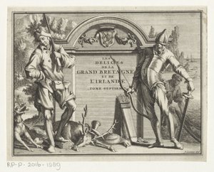 Twee jagers arkkitehtoniseen ympäristöön Otsikko voor: James Beeverell, Ison-Britannian ja Irlannin ilot, Seitsemäs osa, 1707 tekijältä Jan Goeree (possibly)
