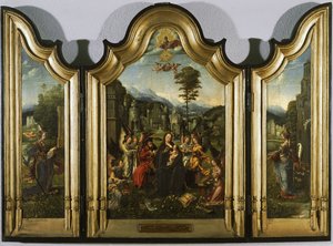 Pyhä perhe Pyhän Katariinan ja Pyhän Barbaran kanssa Triptyykki, n. 1505 tekijältä Jan Gossaert
