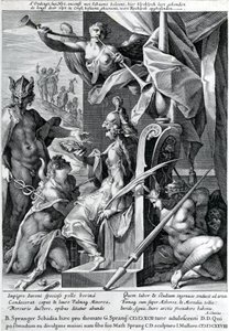 Merkurius ja Minerva varustavat sankaria härän nahalla ja laakeriseppeleellä, 1604.