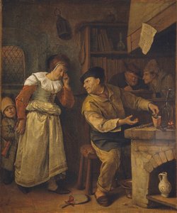 Kultaseppä sulattaa naisen koruja notaarin läsnäollessa: Alkemisti, n. 1668-70 (öljy kankaalle) tekijältä Jan Havicksz. Steen