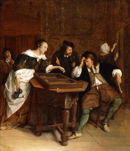 Gentlefolk pelaa backgammonia sisätiloissa tekijältä Jan Havicksz. Steen