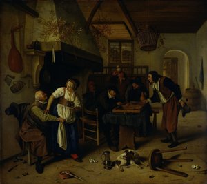 Majatalon sisäpiha, jossa vanha mies huvittaa itseään vuokraemäntä ja kaksi backgammonia pelaavaa miestä. tekijältä Jan Havicksz. Steen