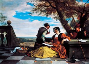 Kaksi miestä ja nuori nainen tekevät musiikkia terassilla tekijältä Jan Havicksz. Steen