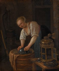 Nainen hankaamassa metalliesineitä tekijältä Jan Havicksz. Steen