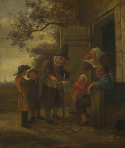 Pedlar myy silmälaseja mökin ulkopuolella, c. 1653 tekijältä Jan Havickszoon Steen