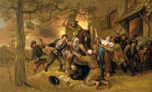 Talonpojat ja sotilaat tavernan ulkopuolella – vertaus Alankomaiden raiskauksesta tekijältä Jan Havickszoon Steen