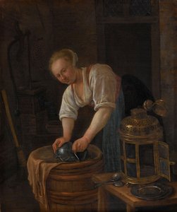 Nainen hankaamassa metalliesineitä, 1650-60 tekijältä Jan Havickszoon Steen