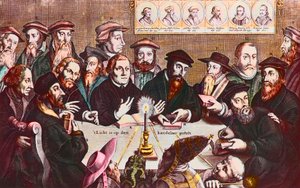 Valo asetetaan kynttilänjalkaan - Jan HOUWENSin kaiverrus, jossa näkyvät uskonpuhdistajat - John Calvin ja Martin Luther Reformistien johtajien kuvitteellinen kokous: John Wyclif (tai Wycliff tai Wycliffe tekijältä Jan Houwens