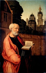 Saint Pierre yksityiskohta. Jan Provostin (n. 1465-1529) maalaus puulle Dim. 140x90 cm Genes, Galleria di Palazzo Bianco tekijältä Jan II Provost
