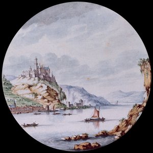 Näkymä Reinin varrella St. Goarin kylässä ja Rheinfelsin linnassa (musta lyijy, kynä, harmaa muste ja akvarelli)