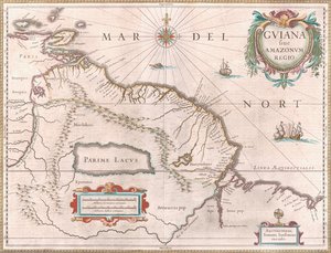 Noin vuonna 1649 luotu kartta, joka kuvaa Guayanan aluetta. Espanjan vaatima alue punaisella lännessä, Hollannin Guayana keltaisella korostettuna ja Portugalin alue punaisella kaakossa. Myyttinen Parime-järvi on myös näkyvissä
