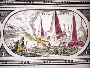 Esitys antiikin seitsemästä ihmeestä: Egyptin pyramidit. Amsterdamissa 1630 painettu Jansson Janssoniuksen atlas. Yksityiskokoelma.
