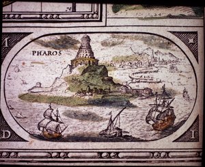 Esitys antiikin seitsemästä ihmeestä: Aleksandrian majakka. Jansson Jannsoniuksen Atlasissa, joka painettiin Amsterdamissa vuonna 1630